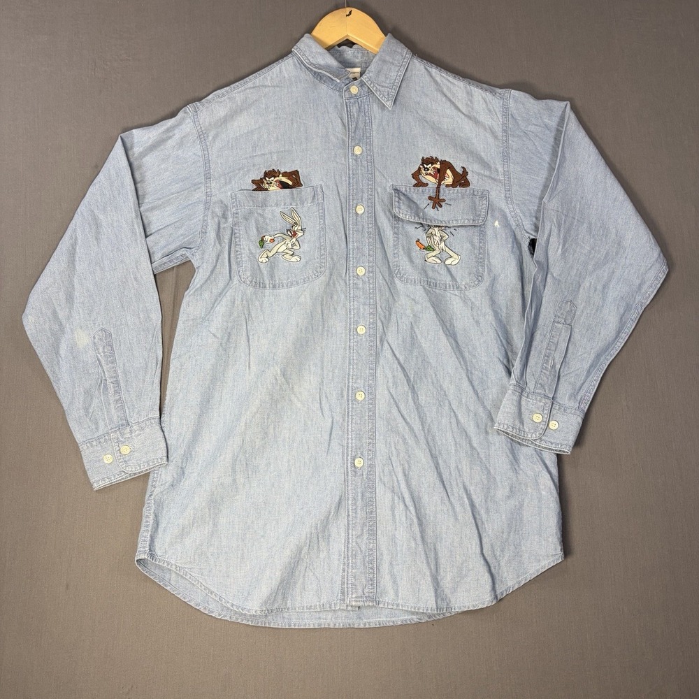 Vintage 90s Looney Tunes Shirt Button Up Denim Embroidered Warner Bros Sz Small